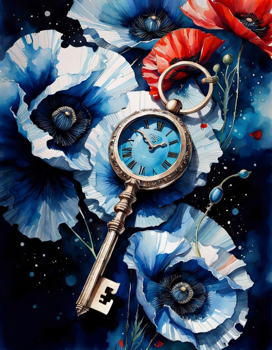Blue Key Surrounded by Red Poppies Watercolor