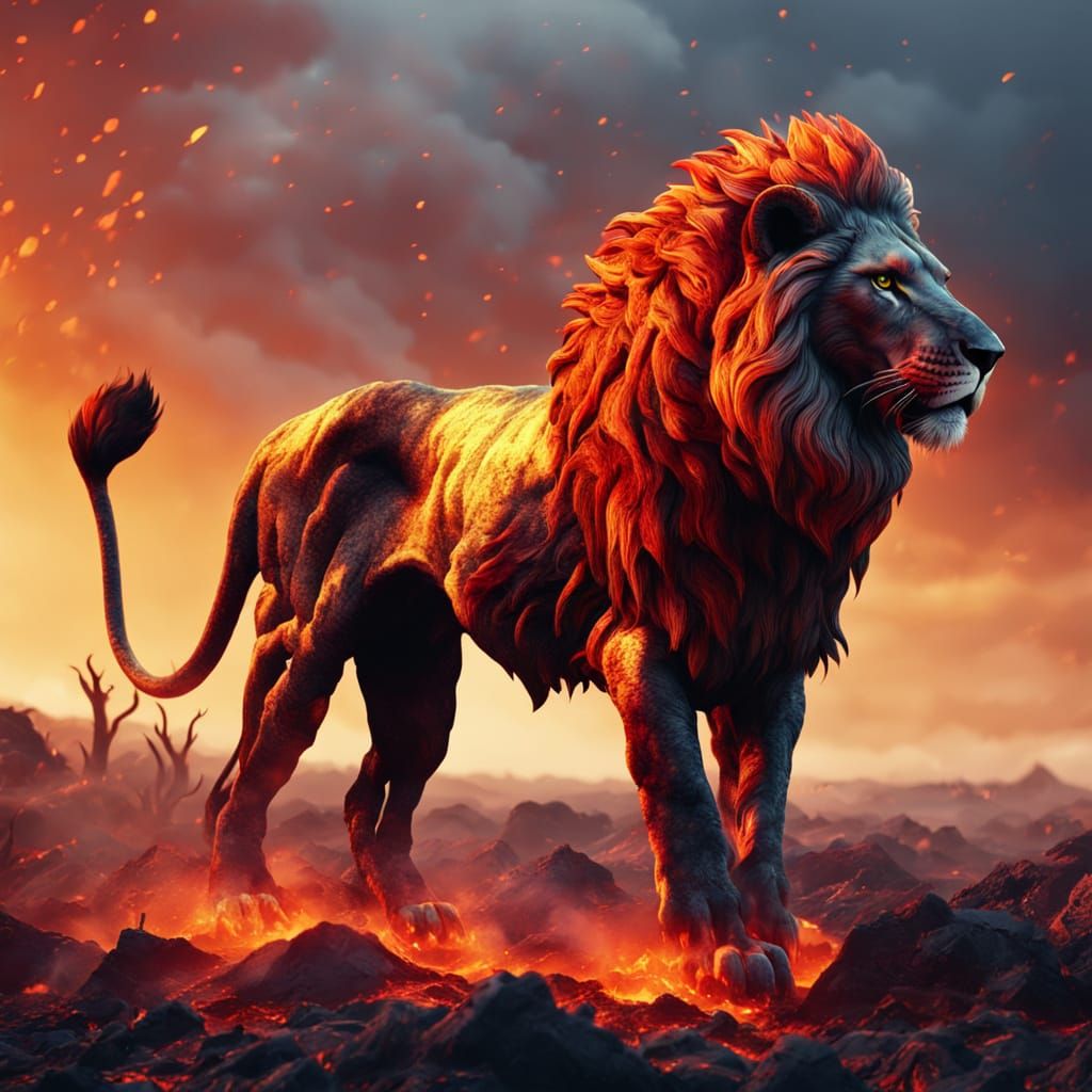Lava Lion Roaring in Volcanic Wasteland