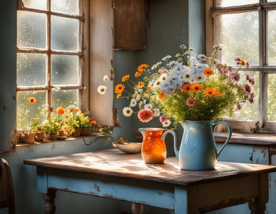 Sunlit Kitchen Still Life with Pastel Wildflowers