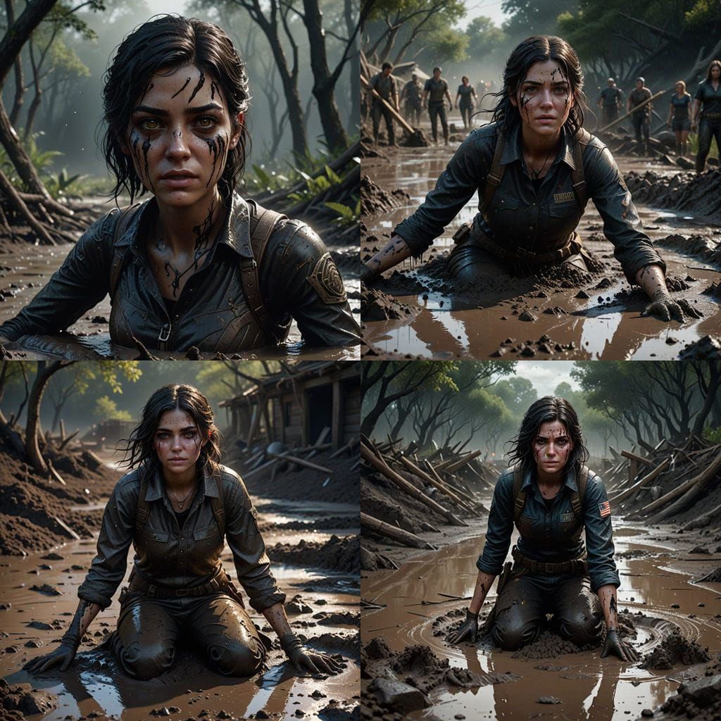 Dark-Haired Girl Sinks Into Mud Pit - Fantasy Matte Painting