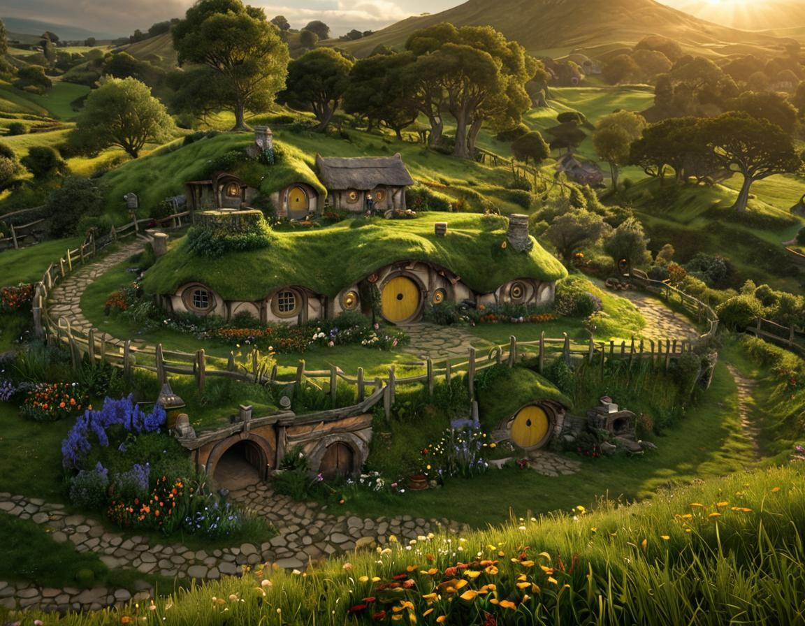 Hyperrealistic Hobbiton Shire at Sunrise