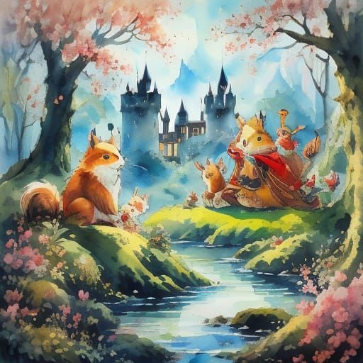 Watercolor Castle Overlooking Village Illustration