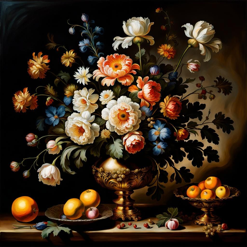 Baroque Floral Still Life with Chiaroscuro Lighting