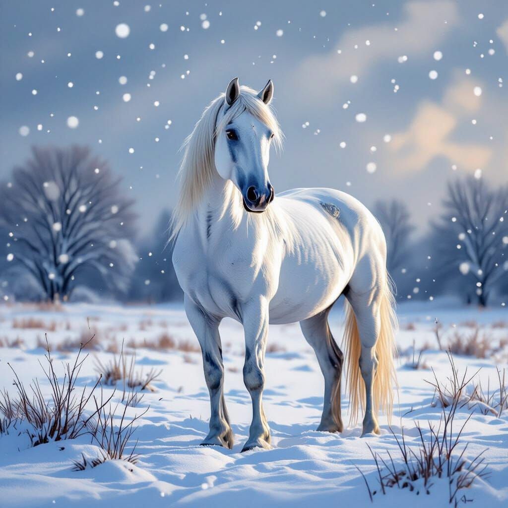 Majestic White Horse in Snowy Field at Golden Hour