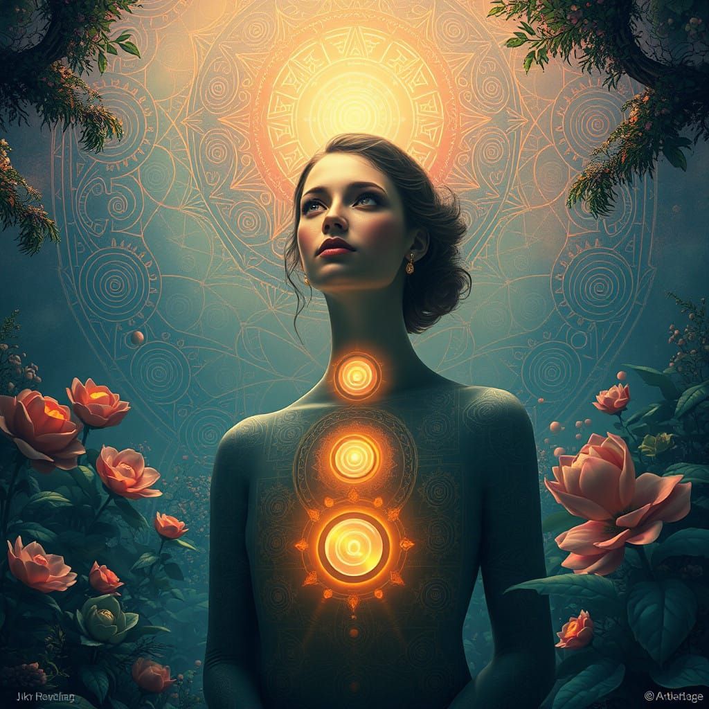 Serene Goddess in Vibrant Sacred Geometry Landscape