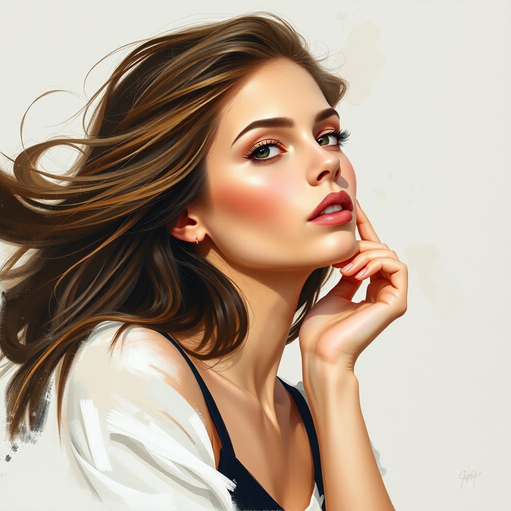 Stunning Young Woman Portrait in Gouache