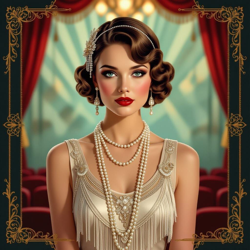 Roaring Twenties Flapper Girl in Botanical Art Style