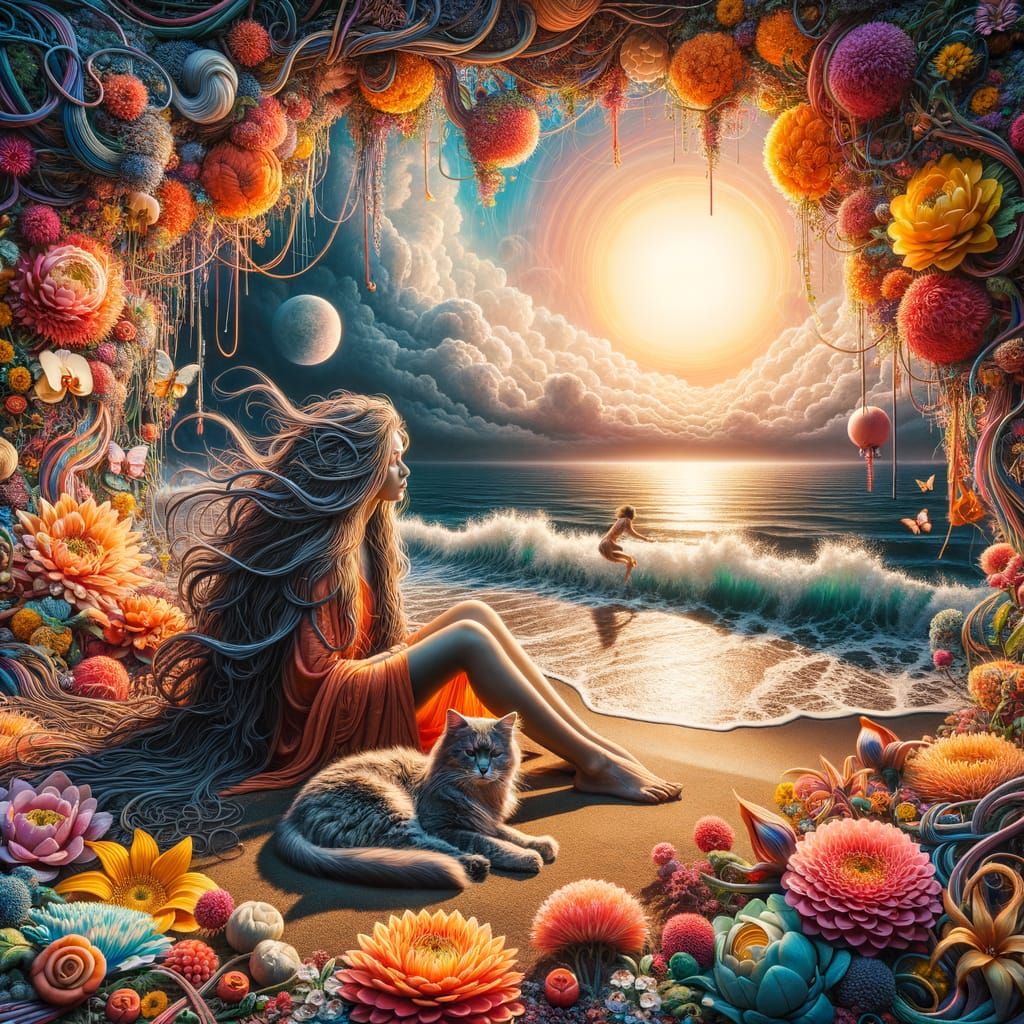 Whimsical South Asian Girl Enjoys Serene Beach Moment with C...