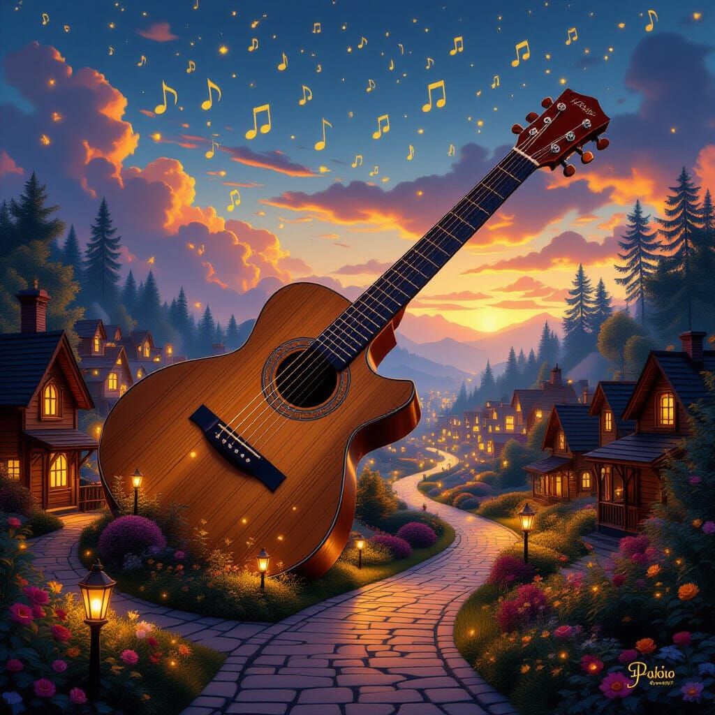 Whimsical Guitar Townscape Under Twilight Sky