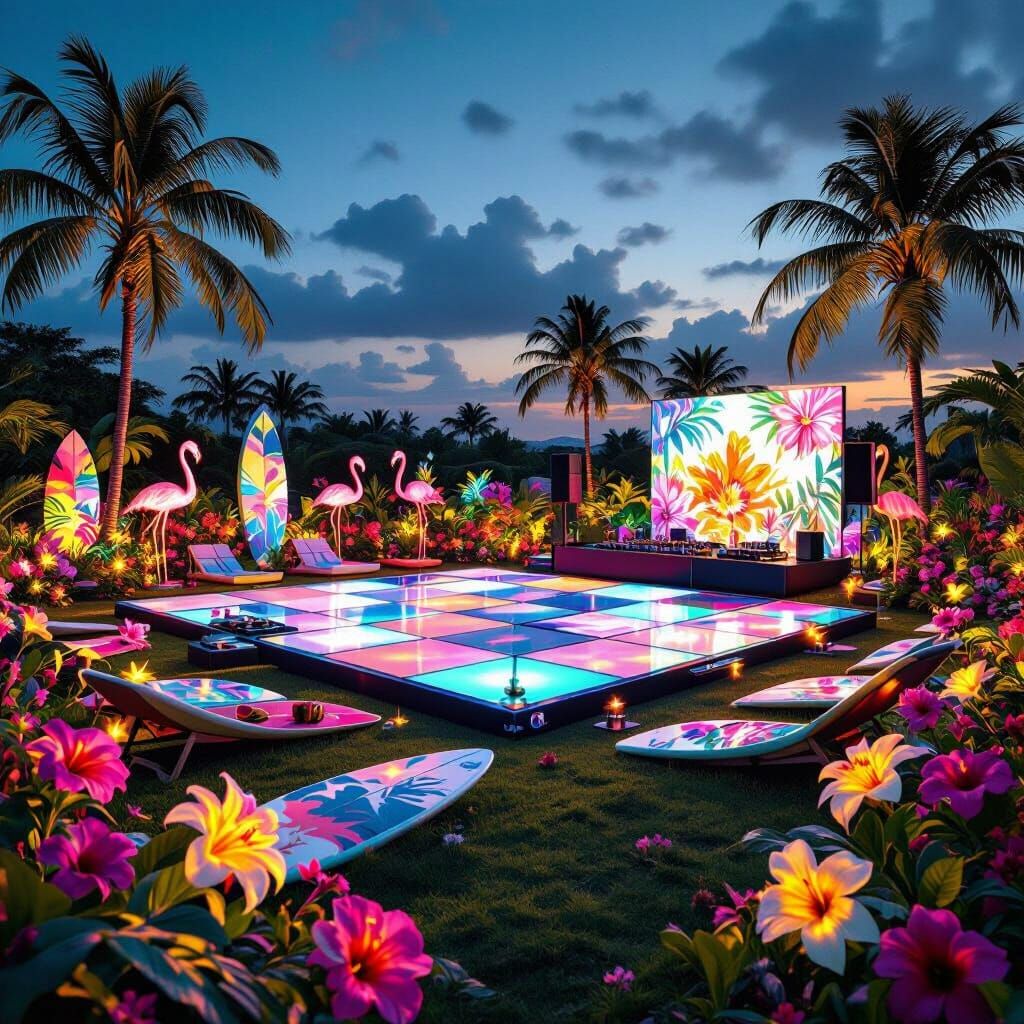 Tropical Dancefloor with Surfboard Seating, Hyperrealistic S...