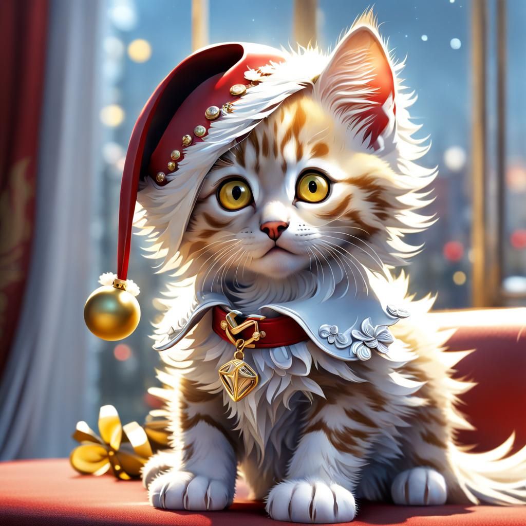 Kitten with Santa Hat in Christmas Room, Cartoon Style