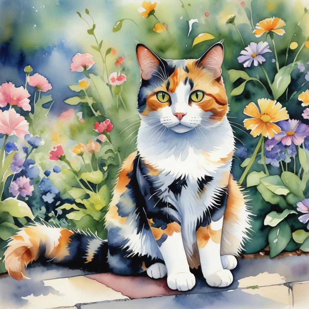 Watercolor Calico Cat in Flower Garden