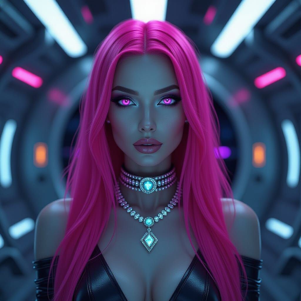 Alien Woman with Neon Hair in Futuristic Spaceship