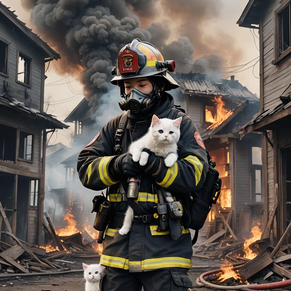 Firefighter Saves Kitten: Photorealistic 3D Anime Art