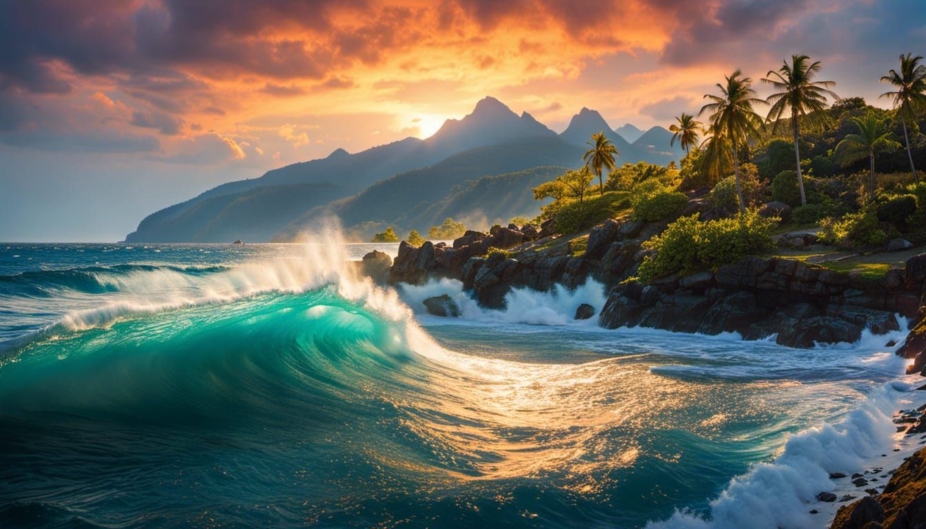 Tropical Island Sunset Landscape: Hyperrealistic Digital Pai...