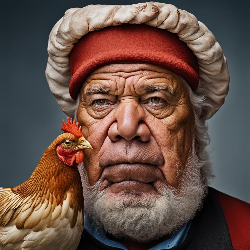 Close-Up Portrait of a Chicken Man
