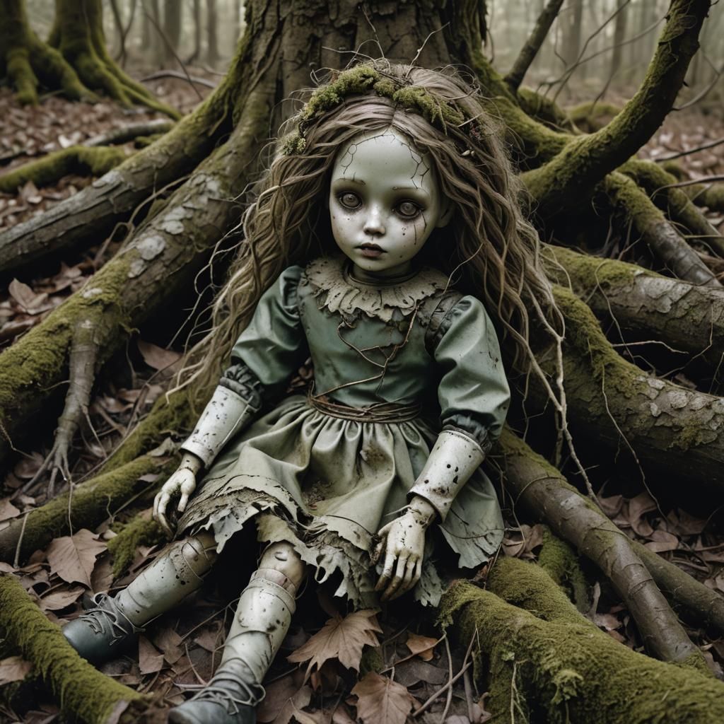 Eerie Living Doll in Dimly Lit Forest
