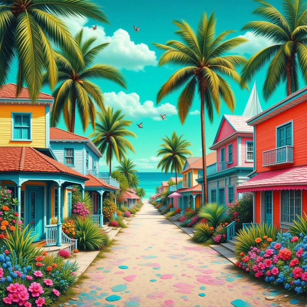 Colorful Key West Street Scene in Collage Style