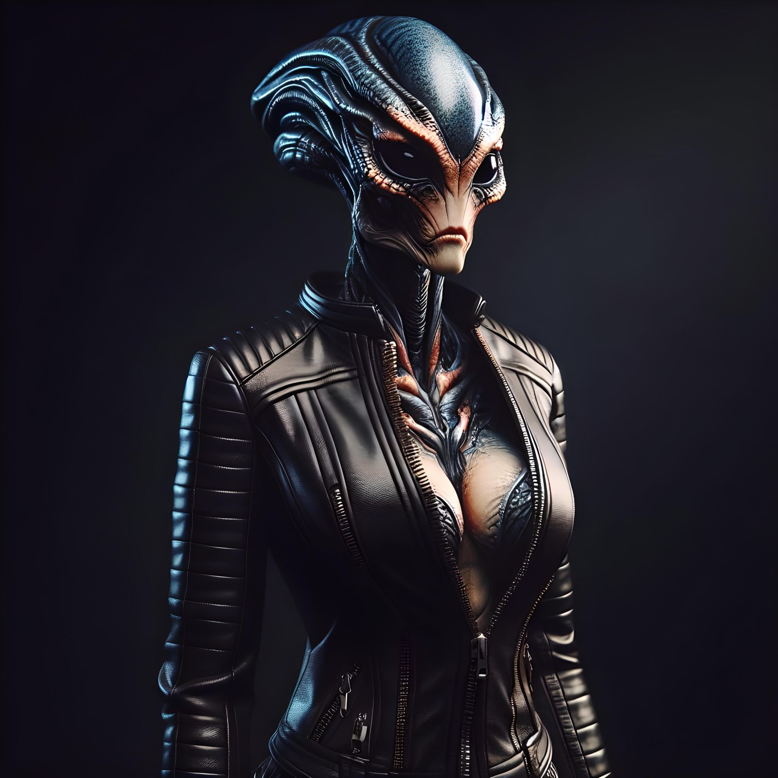 Hyperrealistic Alien Woman in Leather Jacket
