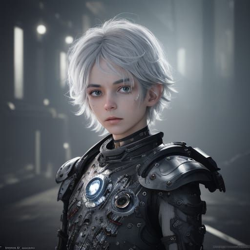 Cyborg Child with Silver Hair in Murraypunk Style