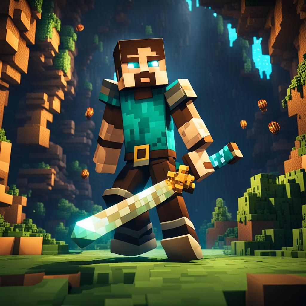 Minecraft Character Fighting in Cave: Detailed Digital Art