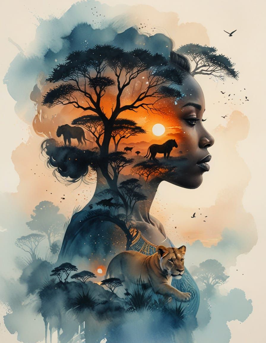 African Beauty Portrait in Double Exposure Watercolor