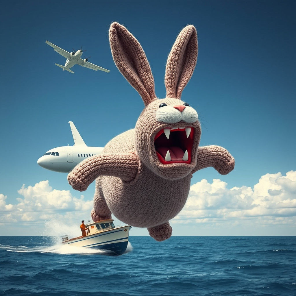 Surreal Knitted Bunny Floats Above Sea, Photo