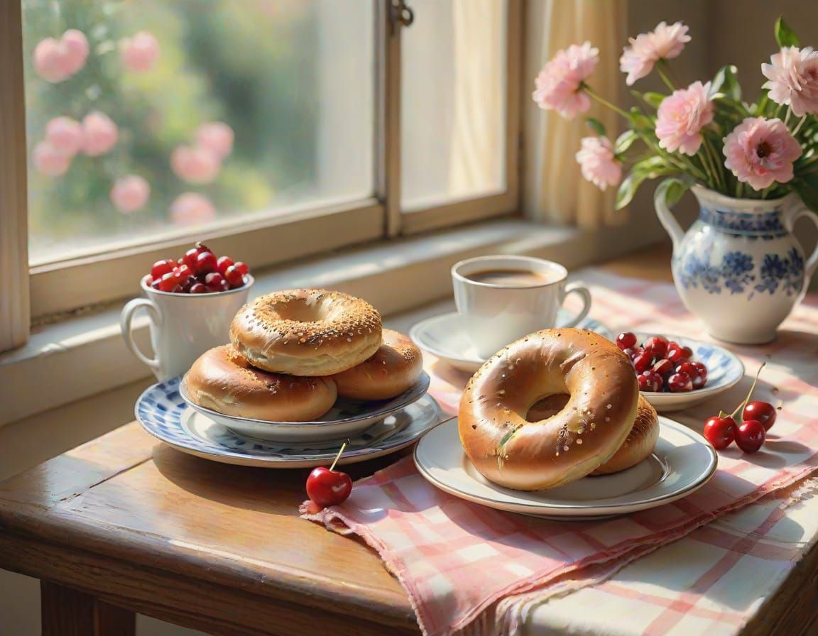 Sesame Bagel Still Life in Warm Morning Light