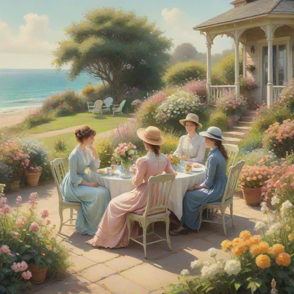 Impressionist Seaside Garden Conversation in Victorian Style