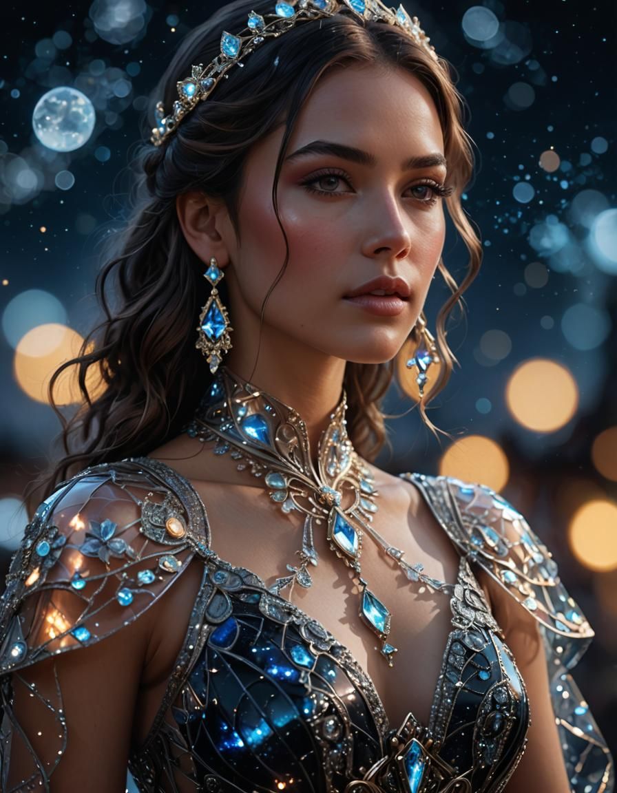 Close up portrait of a beautiful woman wearing an intricate transparent glass dress and glowing transparent glass jewelr...