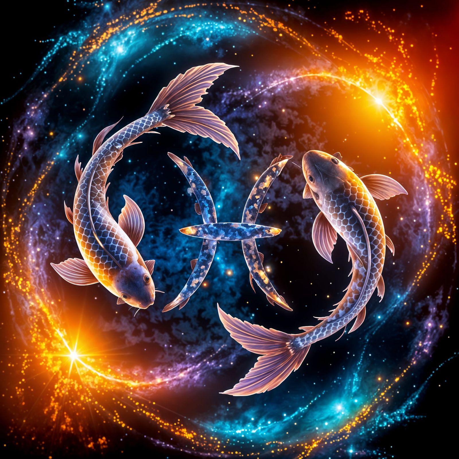 Ethereal Celestial Koi in Cosmic Ocean, Pisces Symbol
