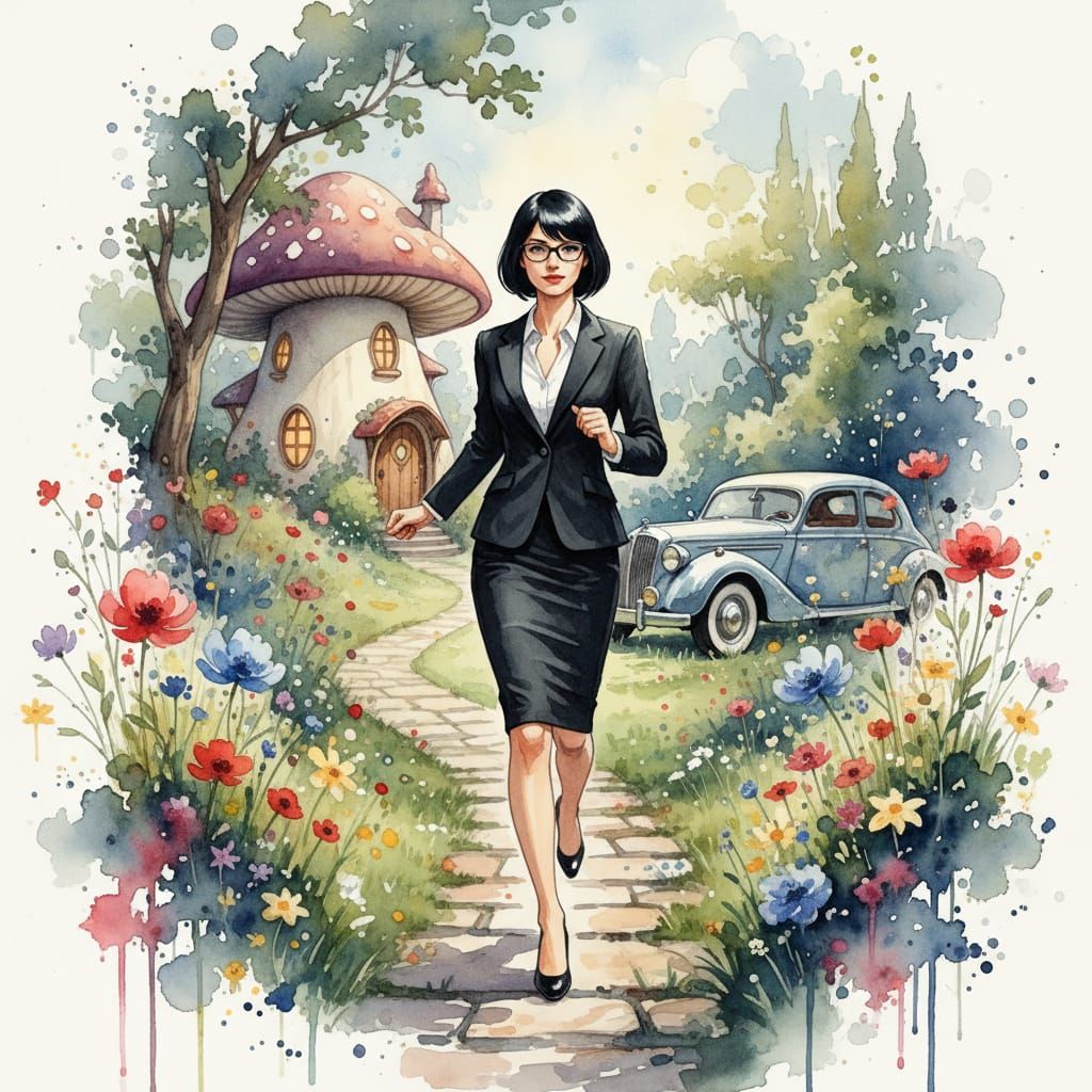 Charming CEO Running in Vibrant Garden, Watercolour Style