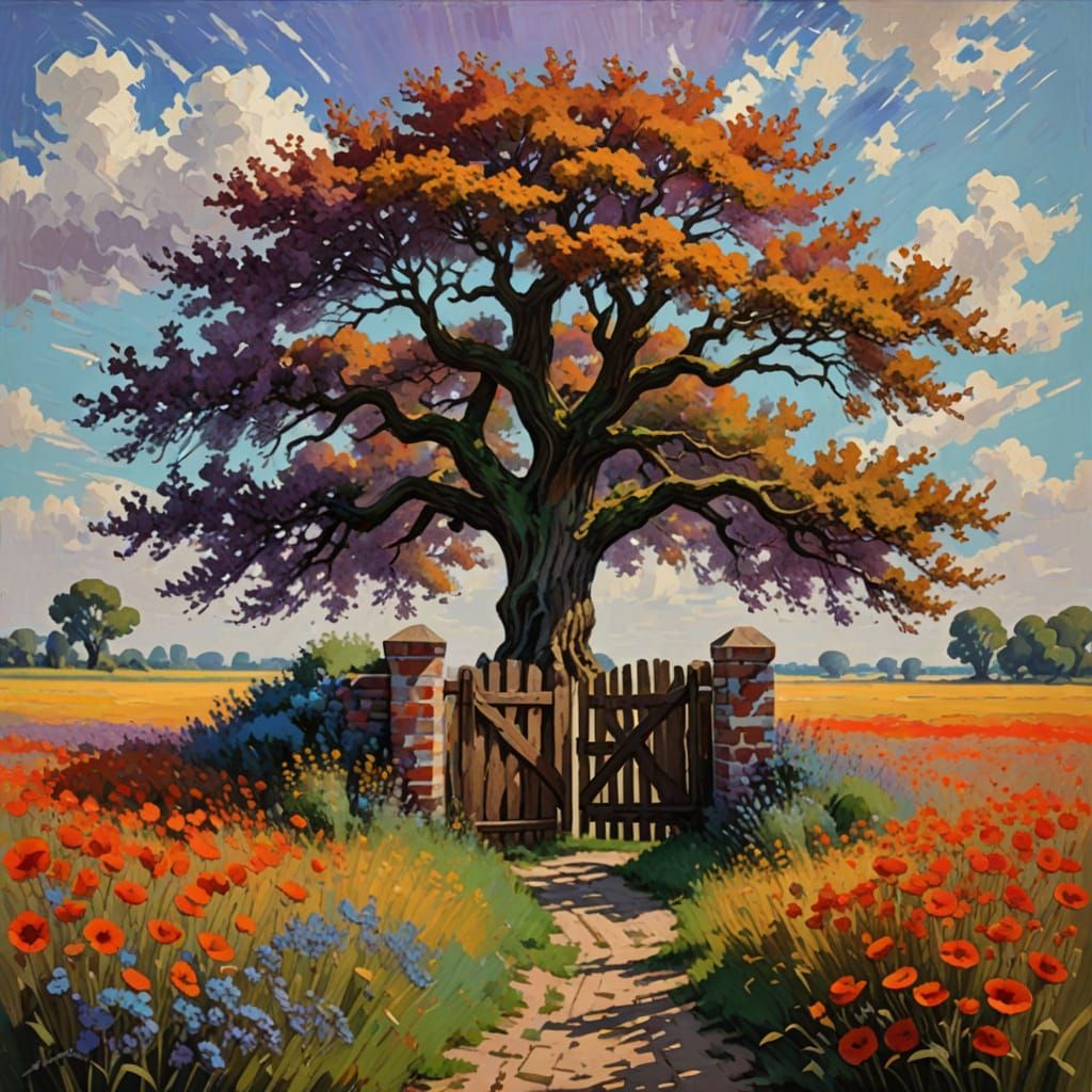 Oak Tree Landscape Painting in Impressionist Style