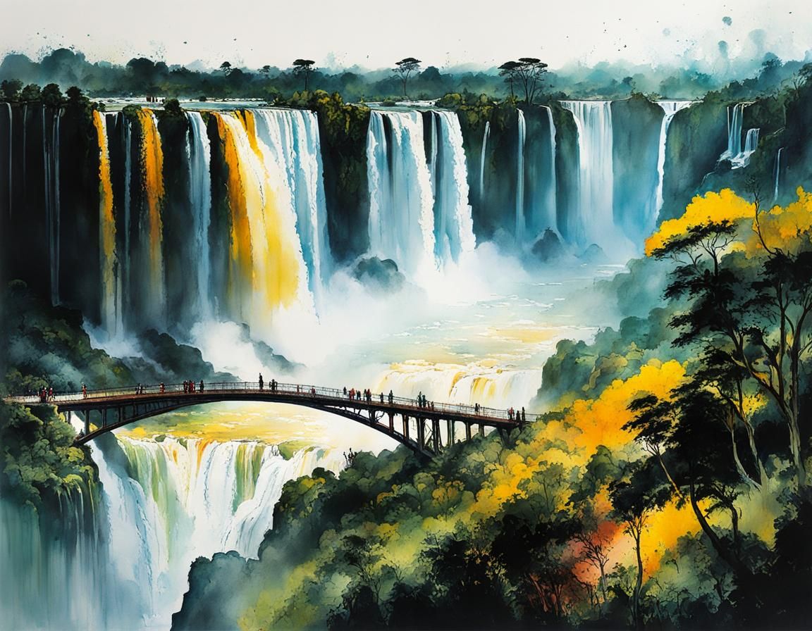 Iguazu Falls: Ink Splash Painting with Dramatic Lighting
