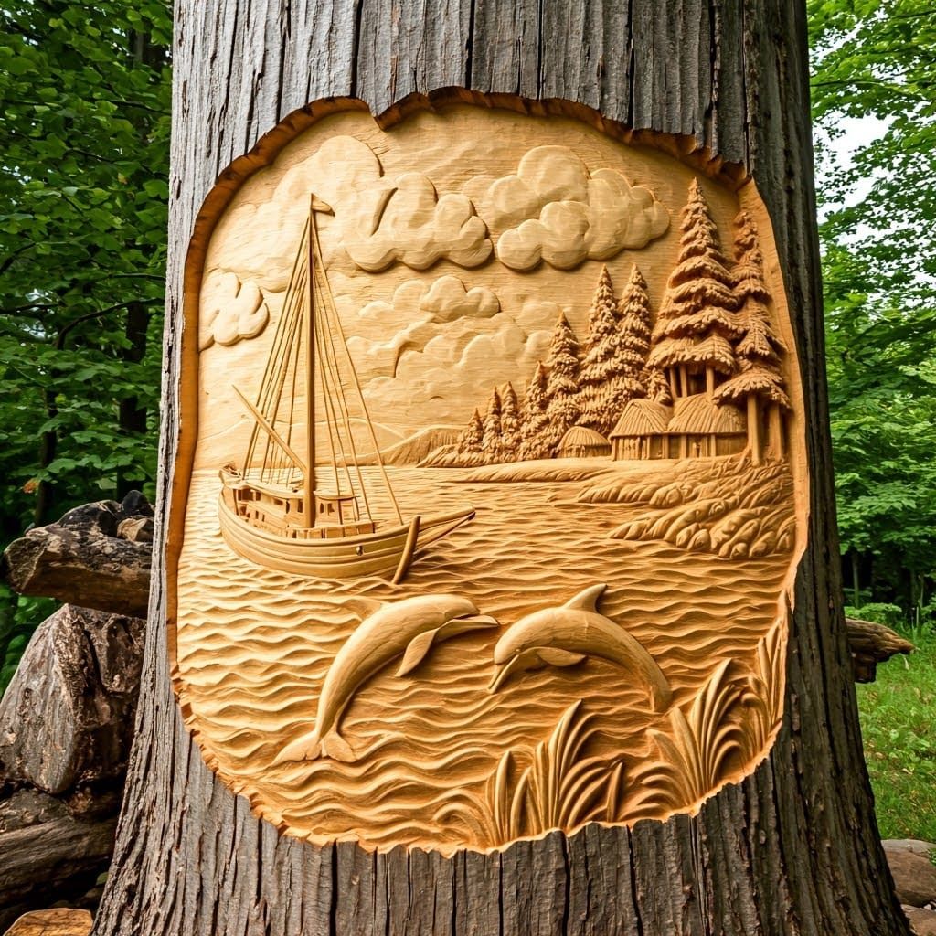 Embossed Wood Carving of Coastal Scenery