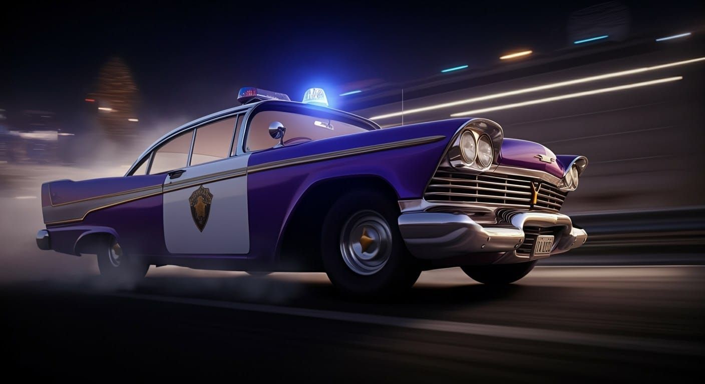Purple 1958 Plymouth Belvedere Police Car on Road
