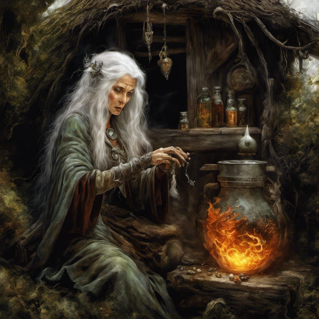 Medieval Hedge Witch Mixing Potion, Graffiti Art Style