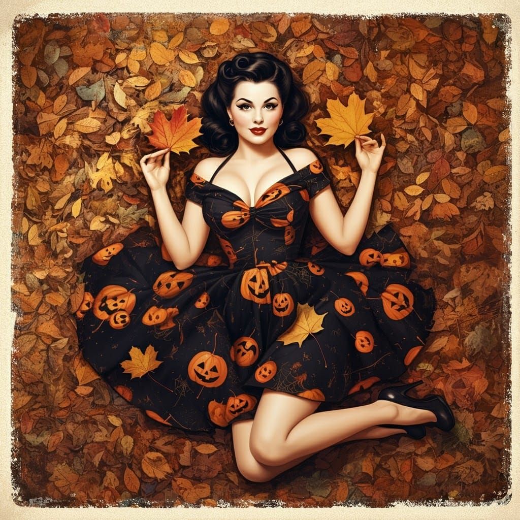 Retro Halloween Pinup Girl in Autumn Leaves
