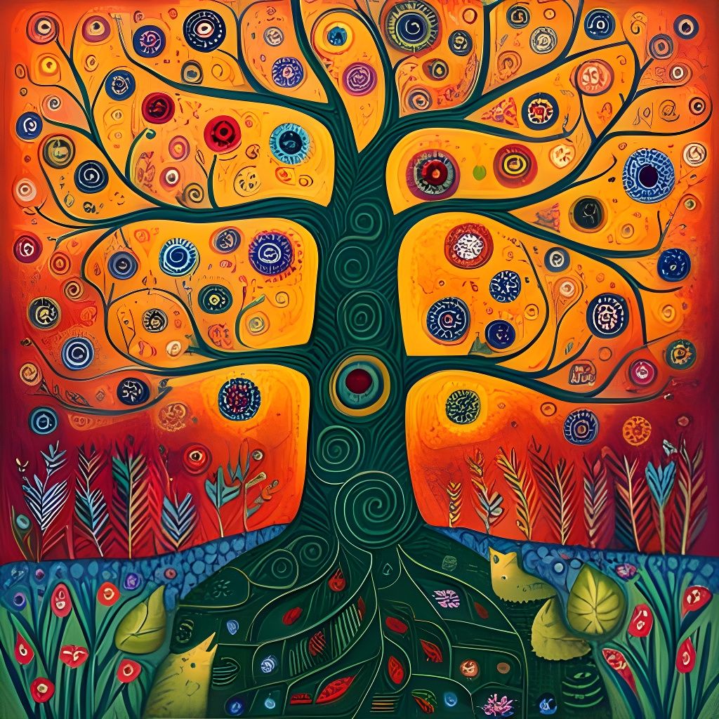 Vibrant Mother Tree of Life in Art Brut Style