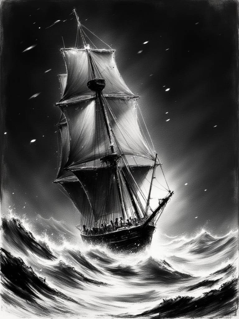 Tall Ship in Snowstorm: Monochromatic Sketch Art