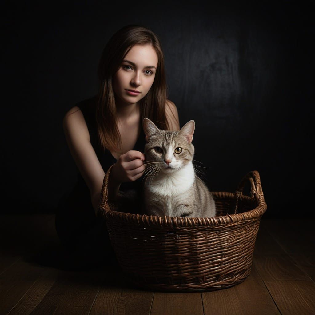 Elegant Woman Poses with Cat in Film Noir Style