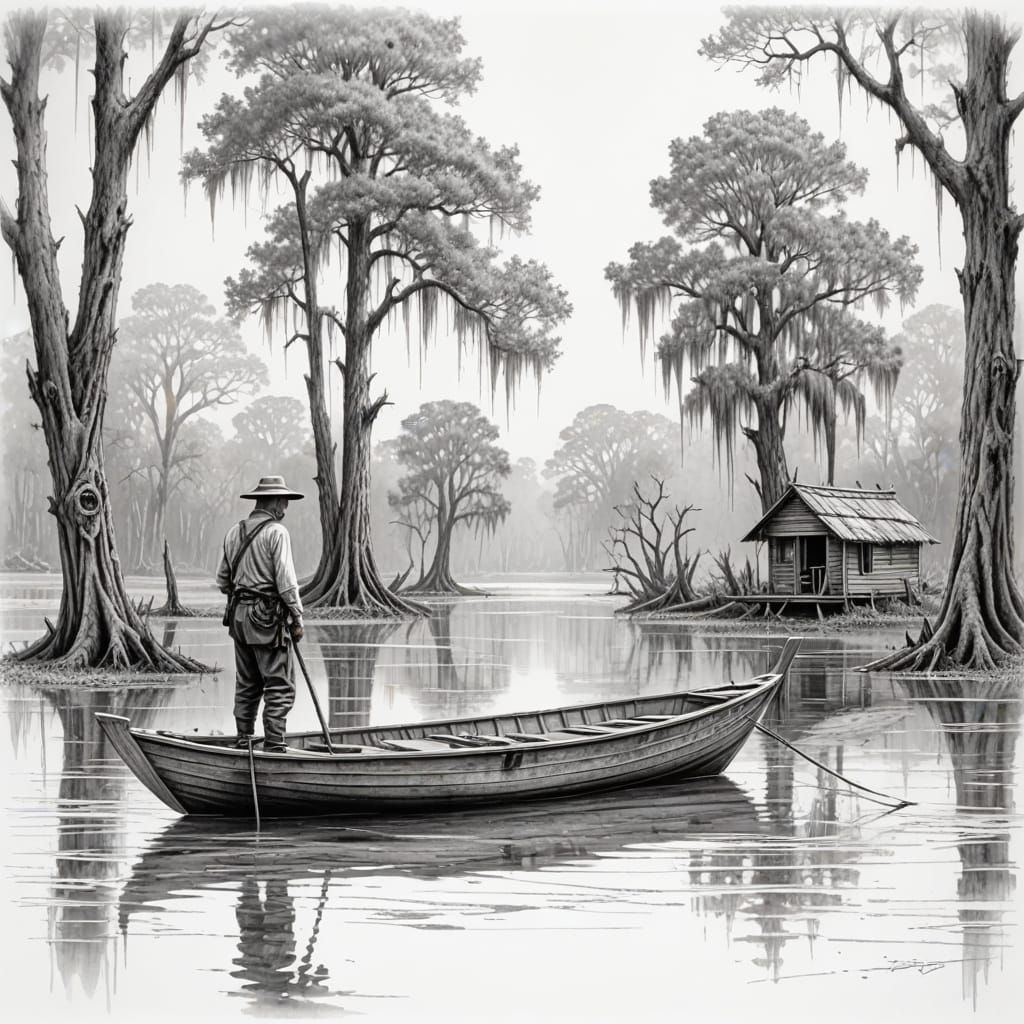 Bayou Life in Hyperdetailed Charcoal Drawing