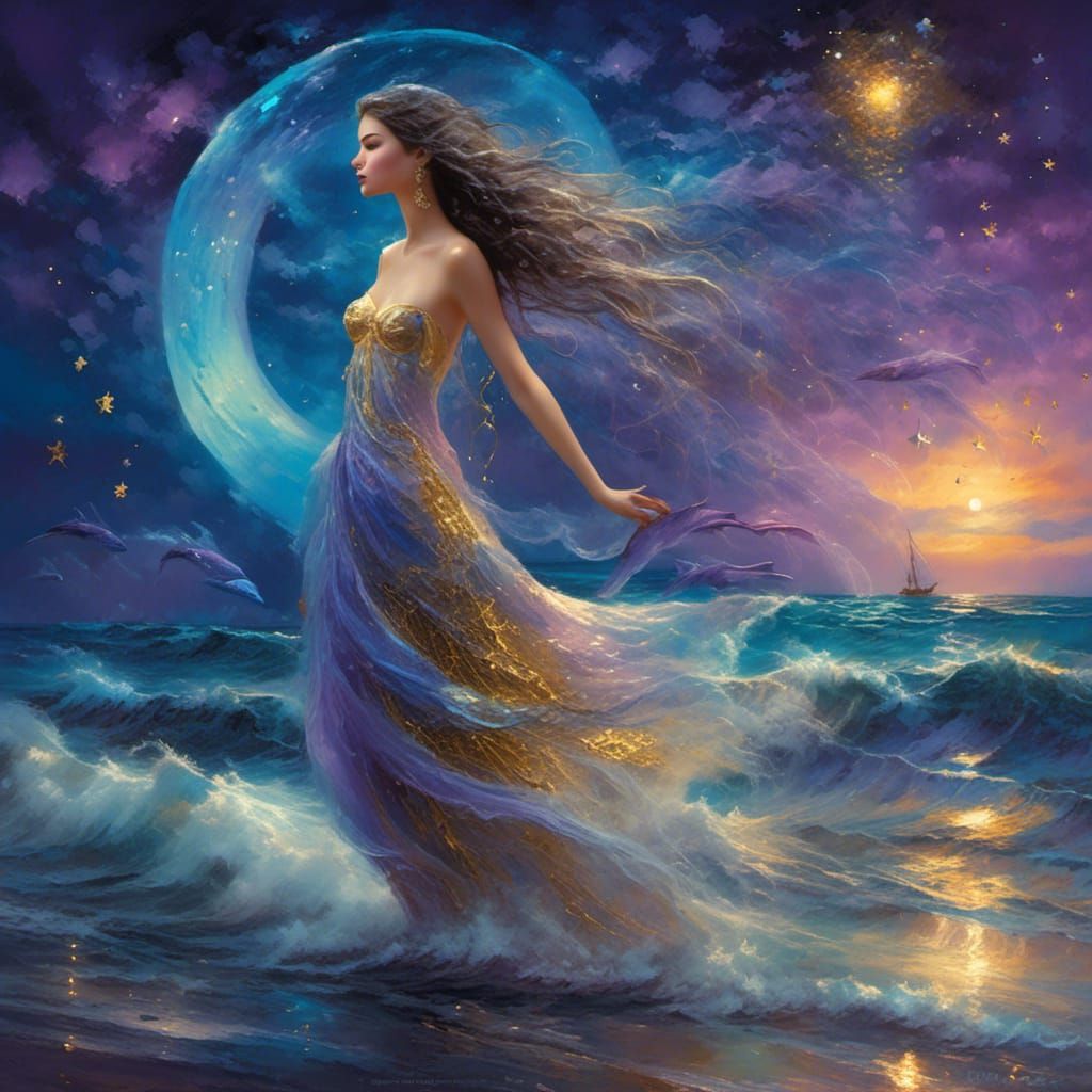 Fantasy Seashore Night Scene with Golden Dolphins