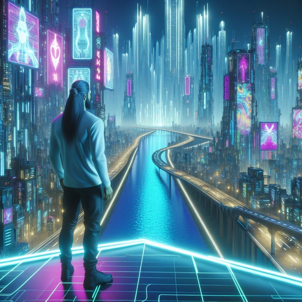 Cyberpunk Cityscape with Fluorescent River, 3D Render
