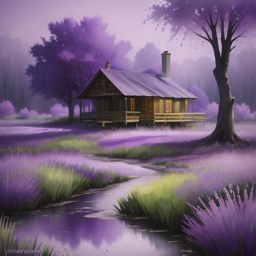 Purple Spring Landscape in Watercolor Style
