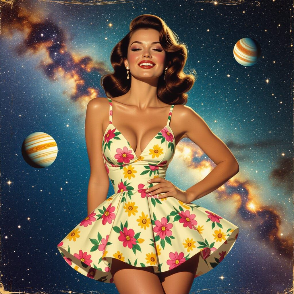 Cosmic Woman in Flower Dress: A Photorealistic Portrait