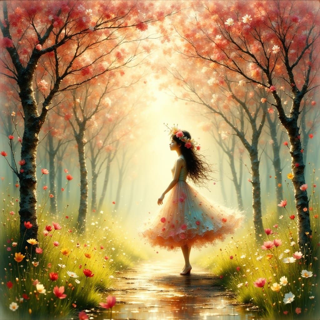 Spring Girl Walking Blooming Path with Petal Dress