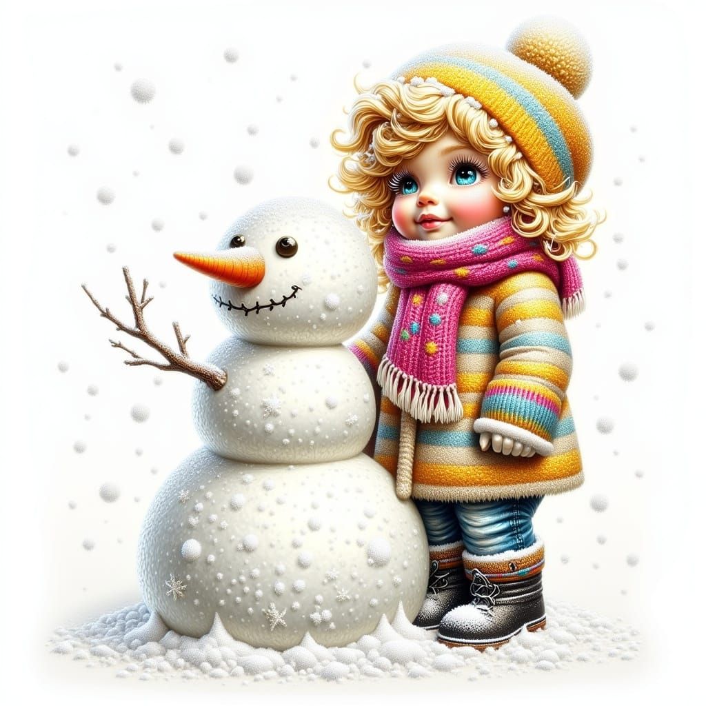 Whimsical Toddler Girl and Quirky Snowman in Falling Snow Sk...