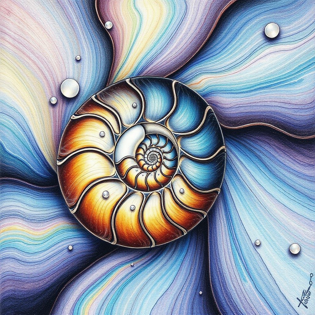 Pointillist Vortex Collapse of a Pearl Ammonite