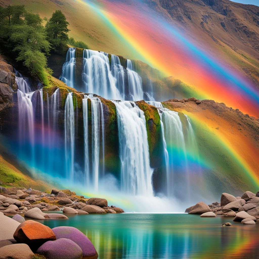 Waterfall and mountains lustrous rainbow like play of color caused by differential refraction of light waves (as from an...